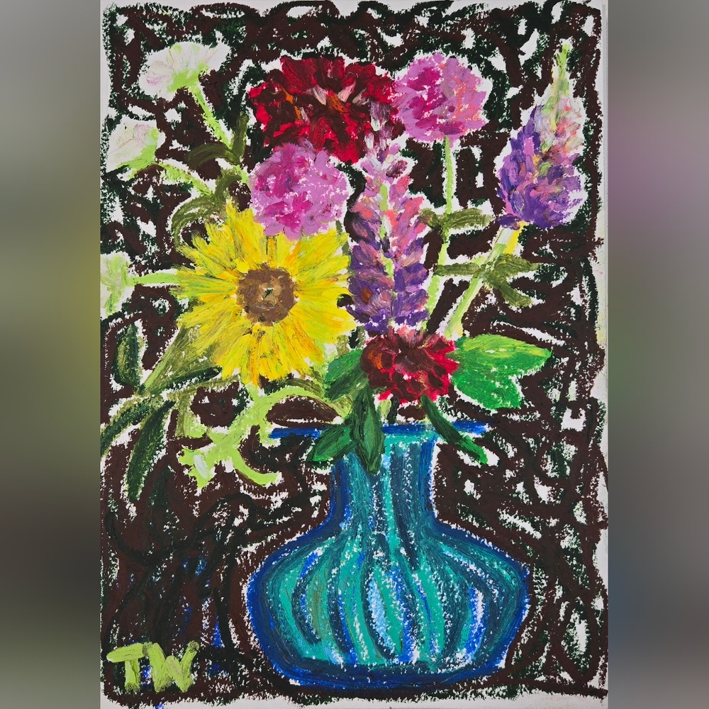 Oil Pastel On Paper Floral Stilllife Original Art 7x10"